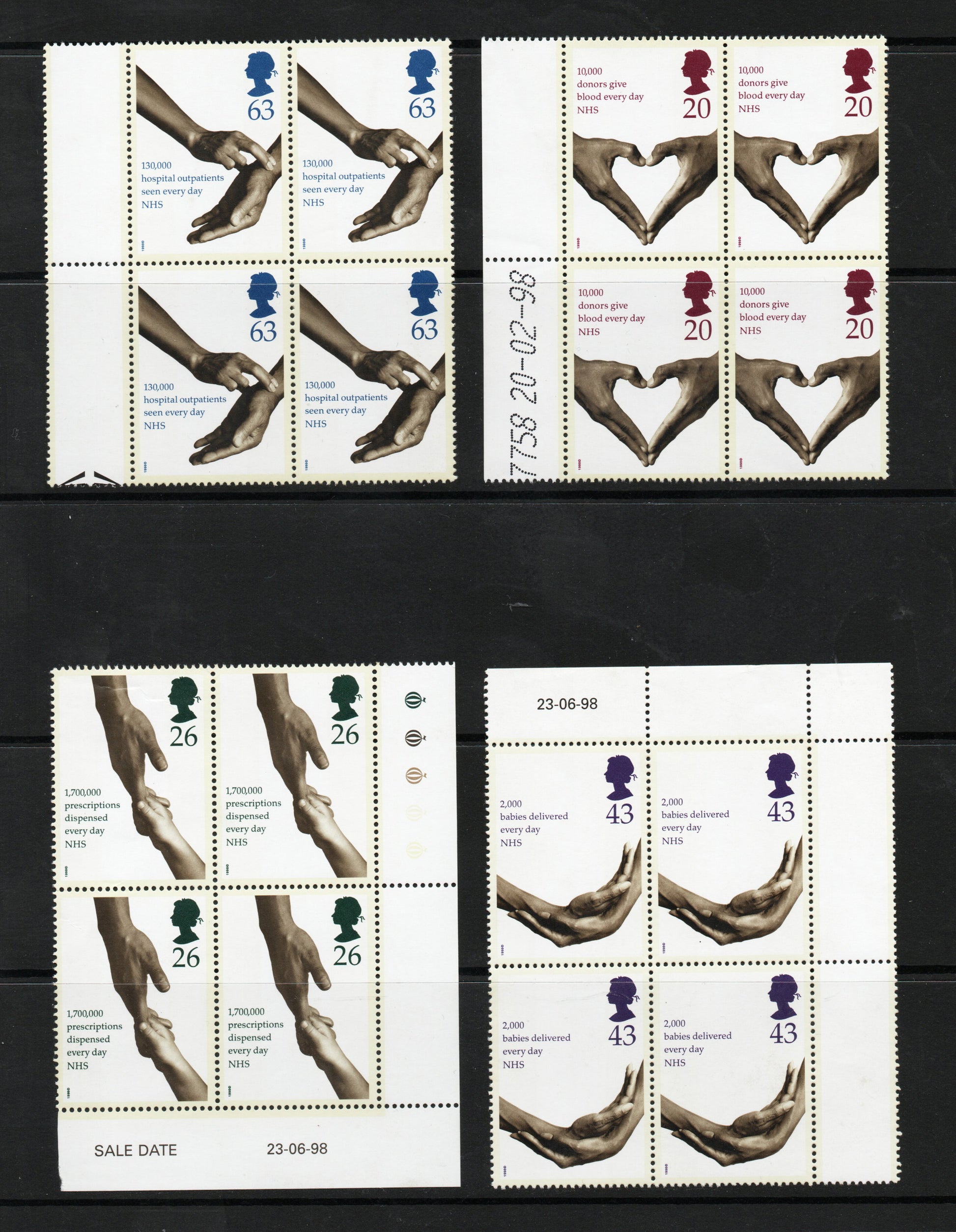 GB QEII SG2046-2049 50th ANNIVERSARY of the NATIONAL HEALTH SERVICE in Blocks of 4 U/M