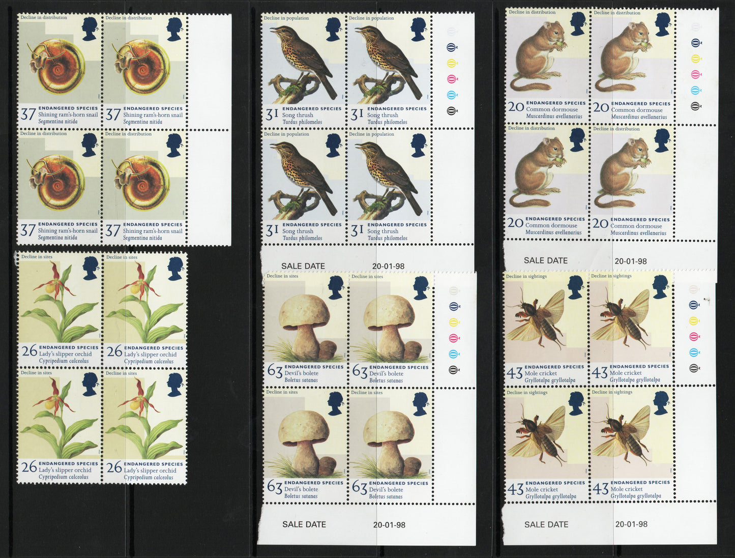 1998 GB QEII SG2015/20 Endangered Species in Blocks of 4 U/M. Less than Face Value