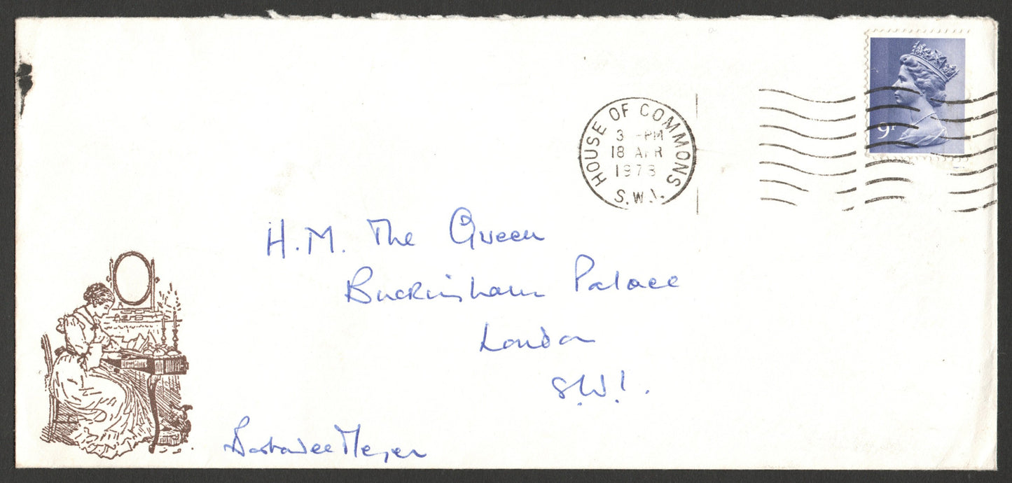 GB 1978 Envelope to Her Majesty QEII from wife of Sir Anthony Meyer, Barbadee Meyer. Very Unusual