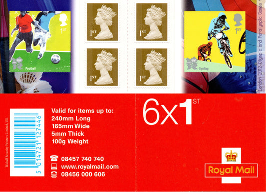 GB QEII 2011 Para & Olympics  S/A Booklet PM26 6 x 1st Class U/M MNH