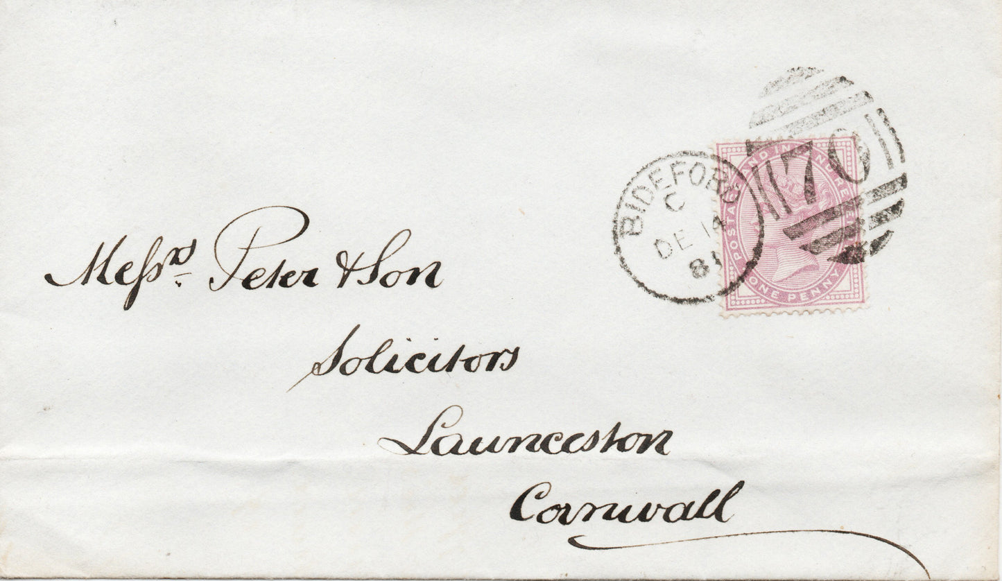 1881 GB Envelope Bideford to Launceston bearing SG170 (14dots) Penny Lilac