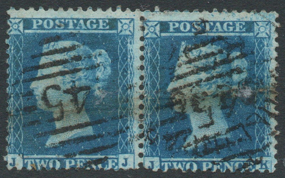 1855 GB QV LE SG13 2d Blue Plate 4 Pair (JJ-JK) Good Used 