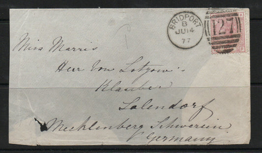 1877 Front (only) Bridport, Dorset to Germany bearing SG141 Plate 6 (QU33)