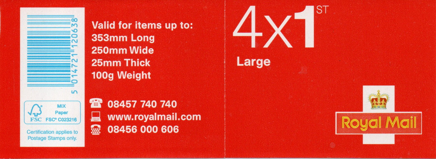 GB 2013 Barcode Booklet SG RB4    4 x 1st Class LARGE S/A Mint (IJ9)