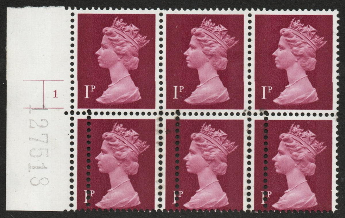 GB 1971-96 QEII SGX844 1d Crimson 2B Double Perf error on Cylinder 1 no dot Block of 6