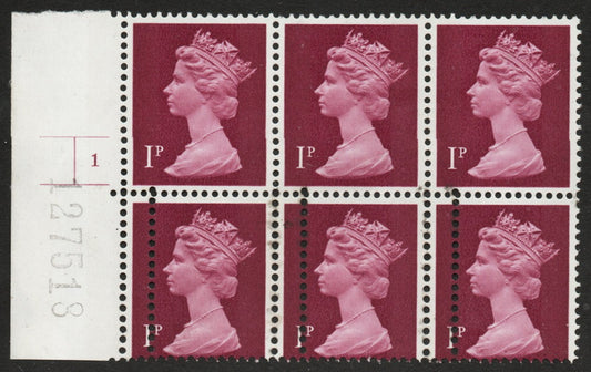GB 1971-96 QEII SGX844 1d Crimson 2B Double Perf error on Cylinder 1 no dot Block of 6