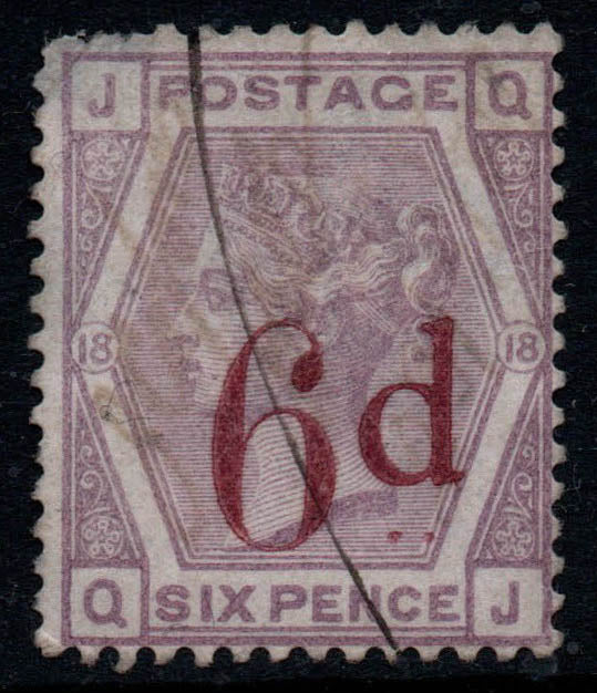 GB 1883 QV 6d OVPT in red  PL18 SG162  Q-J Slight Thin top right from rear 