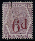 GB 1883 QV 6d on 6d Lilac OVPT in red  PL18 SG162  Q-J Slight Thin top right from rear (RR15)