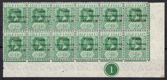 1915 Togo ½d Green SGH34a & H34f. Missing O and Small F's Plate 1 U/M