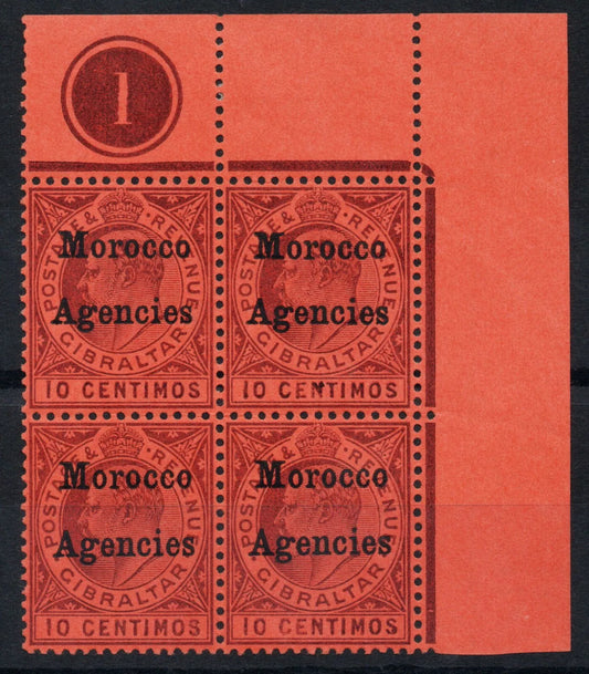 1903 Morocco Agencies Blk 4 on Gibraltar 10c SG226 Plate 1 Mounted Mint 