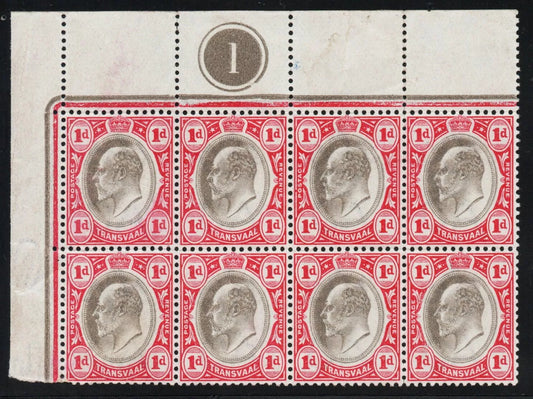 1902 Transvaal SG245 1d Blk of 8 Plate 1 Stamps U/M hinge in margin 