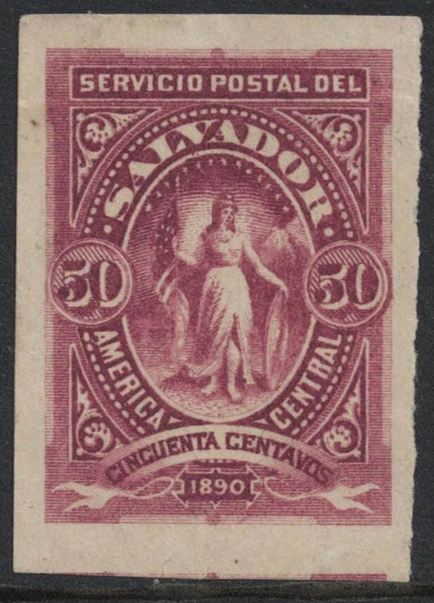 1890 El Salvador SC#45 50c Claret Pin Perf? Imperf 3 Sides? 