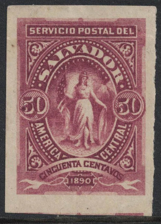 1890 El Salvador SC#45 50c Claret Pin Perf? Imperf 3 Sides? 