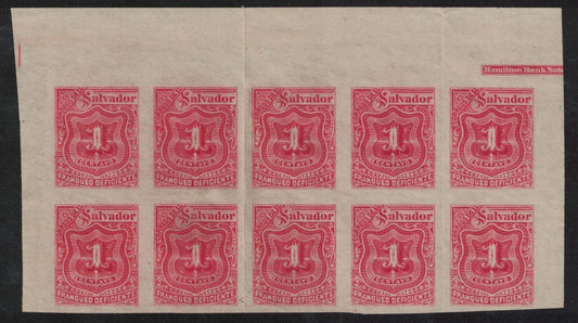 1896 El Salvador SGD150 1c Red Postage Due. Imperf Block of 10 U/M 