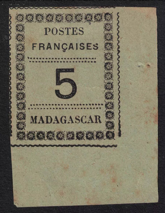 1891 Madagascar SG9 5c Imperf 4 good to huge margins. Black on Green VLMM 