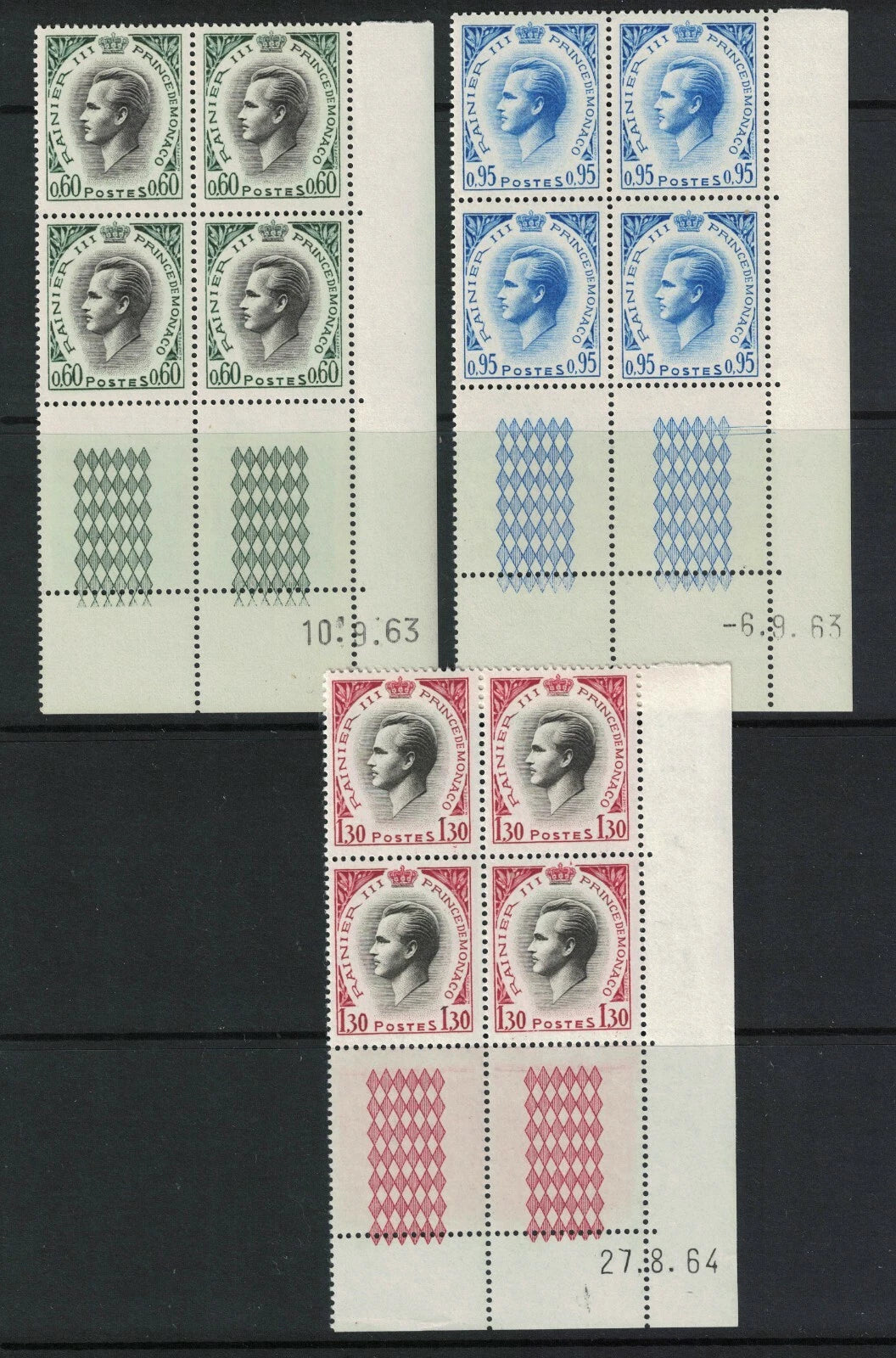 1964 Monaco Prince Ranier 60c, 90c &1F30 Blks of 4 & 2F30 Blk of 10 U/M 