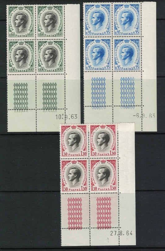 1964 Monaco Prince Ranier 60c, 90c &1F30 Blks of 4 & 2F30 Blk of 10 U/M 