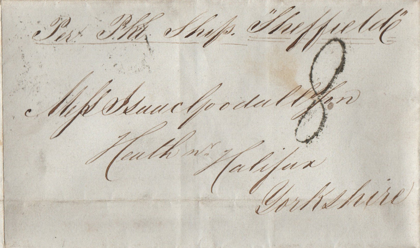 13th Nov 1841 Ship Mail New York - Halifax West Yorkshire on Red Star Line "Sheffield", "Liverpool Ship" Transit stamp. Rated 8d.
