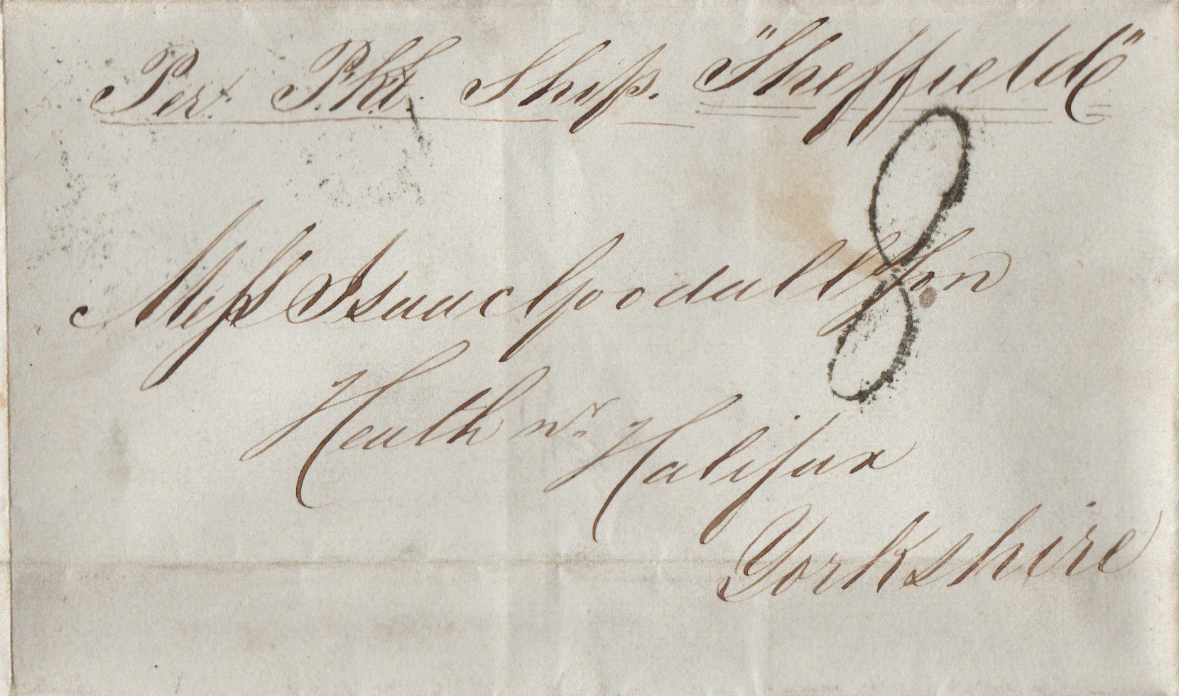 13th Nov 1841 Ship Mail New York - Halifax West Yorkshire on Red Star Line "Sheffield", "Liverpool Ship" Transit stamp. Rated 8d.
