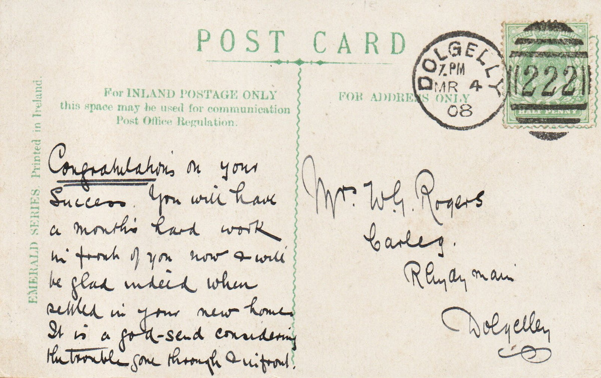 1908 PPC of C. Cork bearing excellent DOLGELLY (Wales!) 222 Duplex