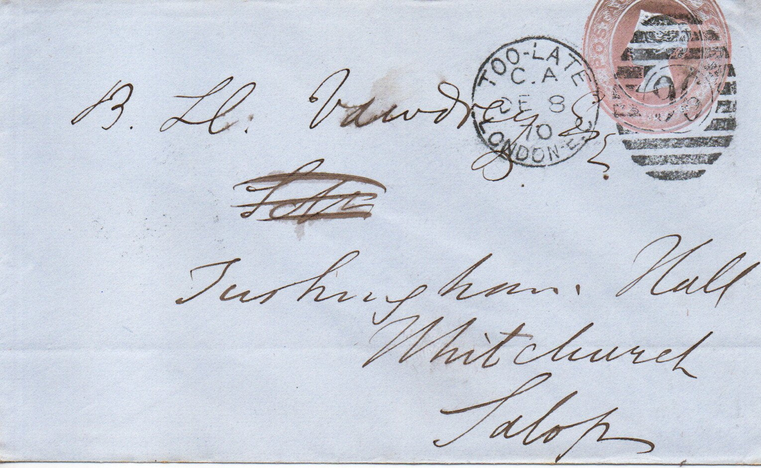 GB 1870 Scarce "Too Late" CDS on 1d Pink De La Rue Stationery. Sealed. Handwritten Message on rear.