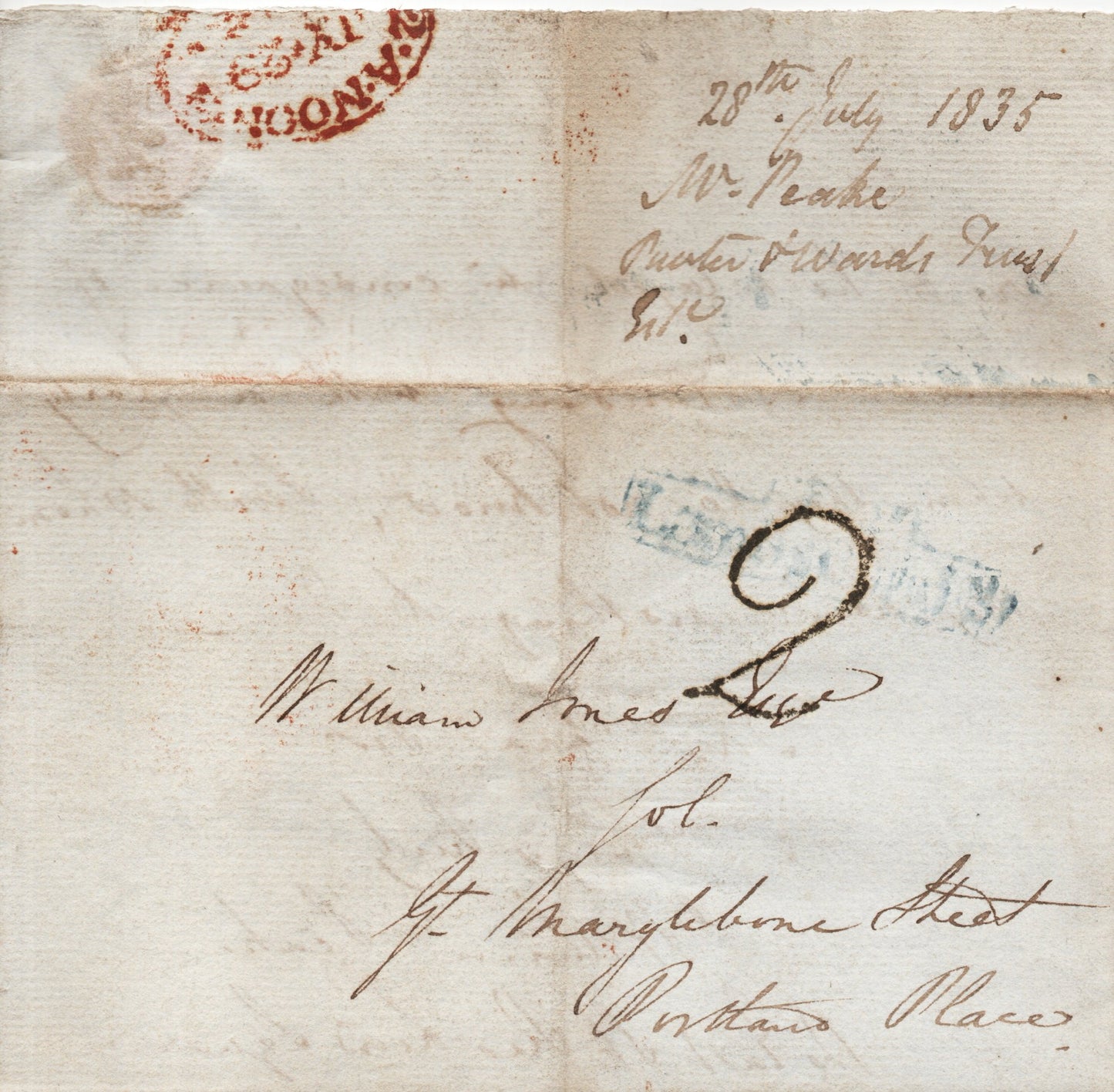 GB&nbsp; 1835 Entire bearing London 2 Penny Post H/S and 2A Noon Timestamp (representing 2pm afternoon clearing/delivery slot). Manuscript 2 in black indicating recipient to pay
Contents discuss transfer of monies and possible extortion!