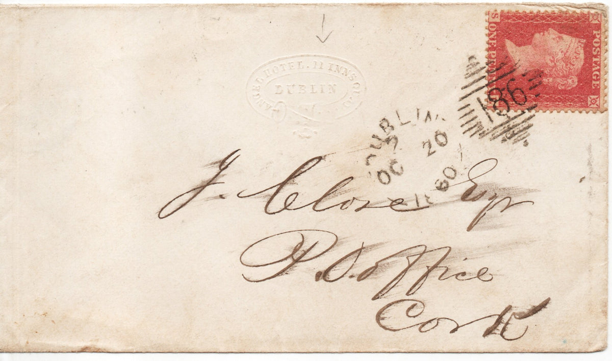 GB&nbsp; 1860 Envelope from Angel Hotel Dublin to J Close Esq, c/o Cork P.O. (Post Restante).
Bearing 1d Red struck with Irish Diamond Grid No 186 which was assigned to Dublin. Cork Receiving stamp on rear clearly indicates next day delivery