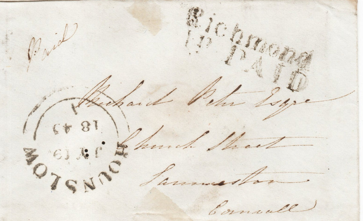 GB 1843 Small Envelope Richmond-Cornwall with (2 line) Richmond/1d Paid H/Stamp routed through the main sorting office at Hounslow H/Stamp