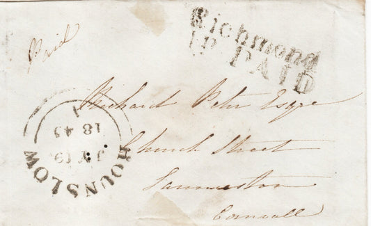 GB 1843 Small Envelope Richmond-Cornwall with (2 line) Richmond/1d Paid H/Stamp routed through the main sorting office at Hounslow H/Stamp