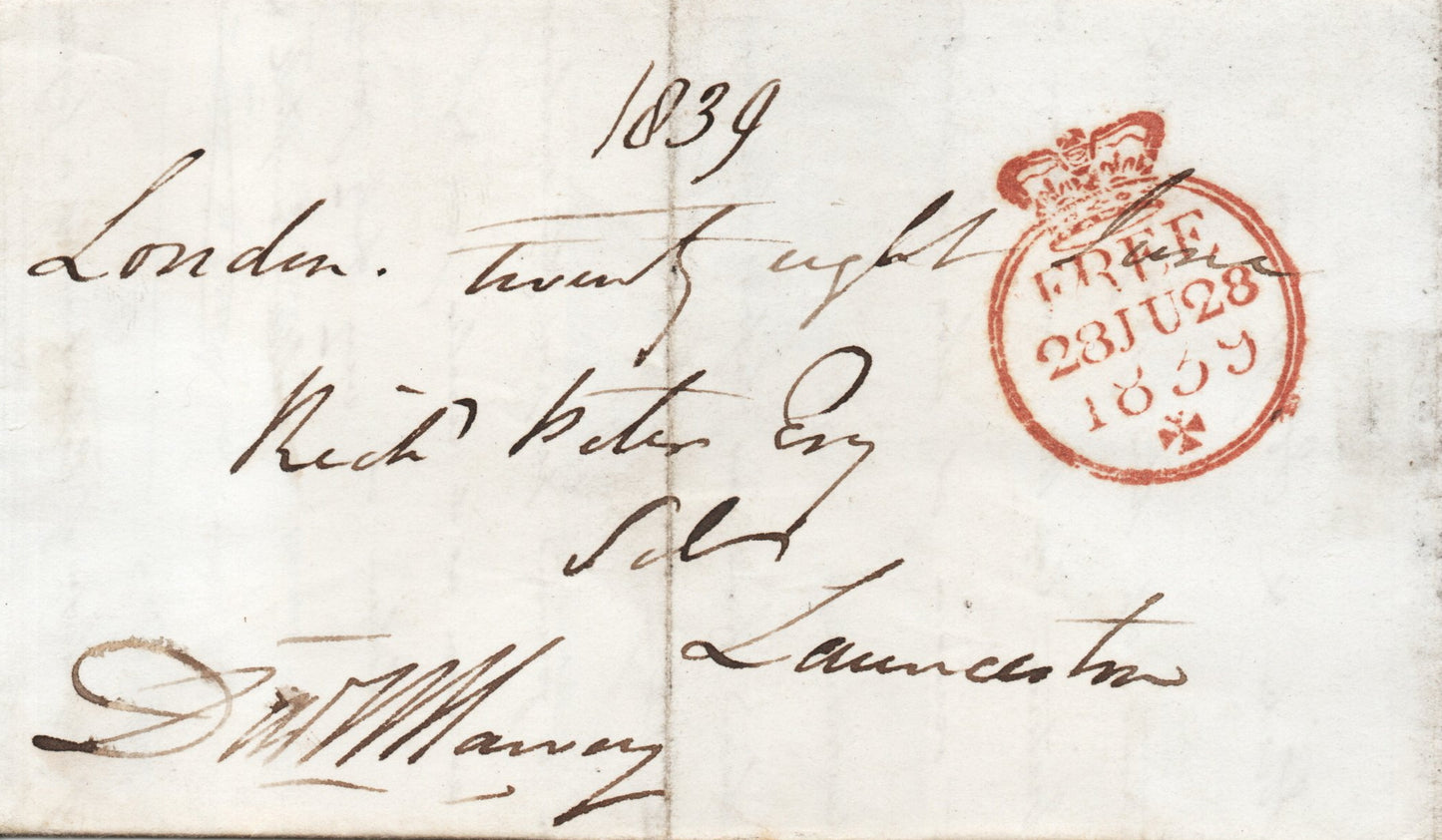GB 1839 Free (Entire) sent by D W Harvey, Founder of Sunday Times in 1821