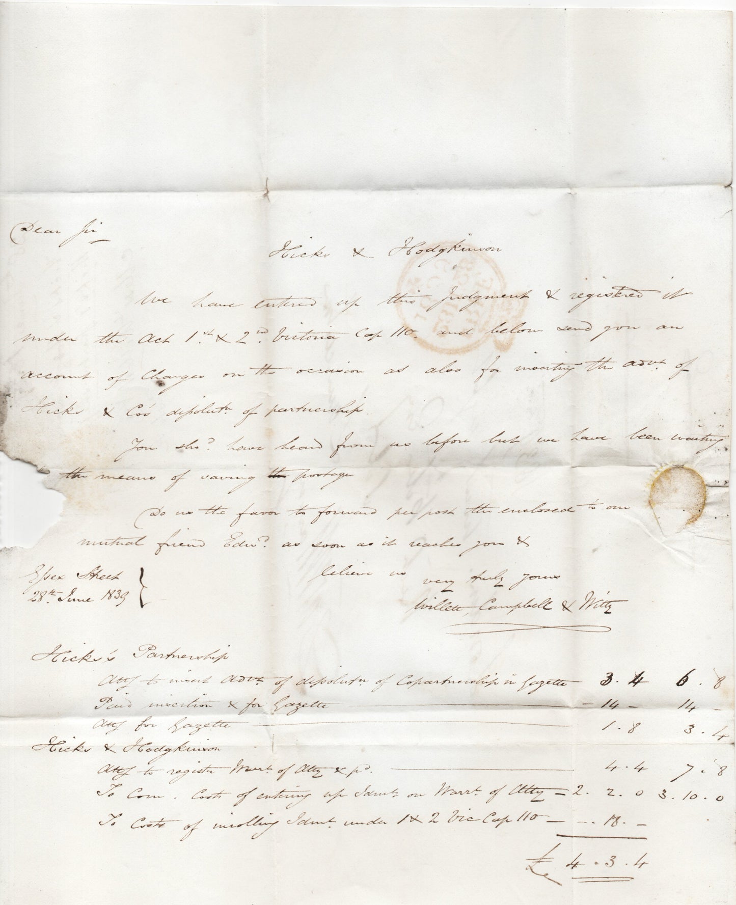 GB 1839 Free (Entire) sent by D W Harvey, Founder of Sunday Times in 1821 (SF29)