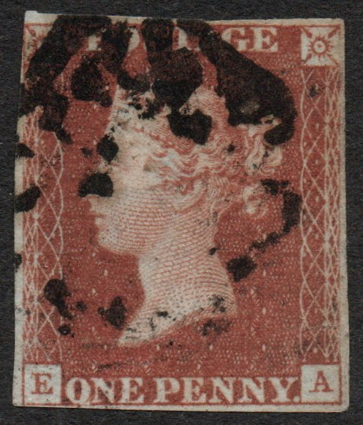 GB QV 1841 1d Red Brown SG7 BLACK Plate 9, 4 good to tight margins, Clipped NW (E-A) O Flaw and Frame Break NE