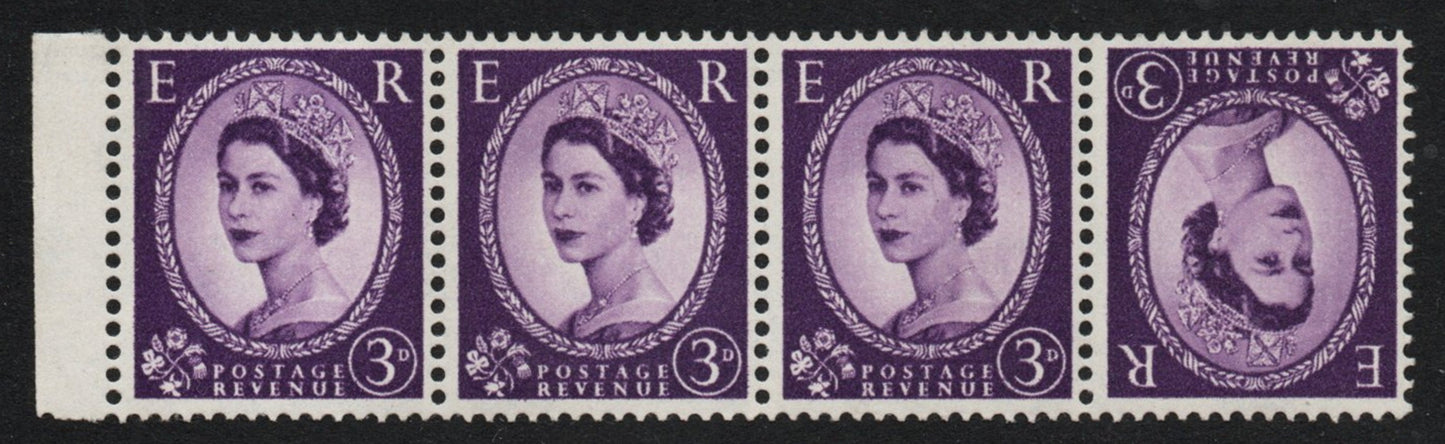 GB QEII Wilding 1958 SG575 3d Deep Lilac Tete-Beche Strip of 4 from unissued Booklets U/M MNH