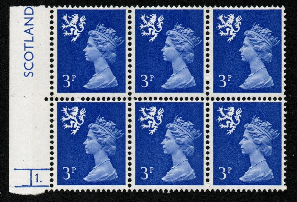GB 1958-67 Scotland regional SG S1p 2B in Cylinder 1 dot U/M Block of 6