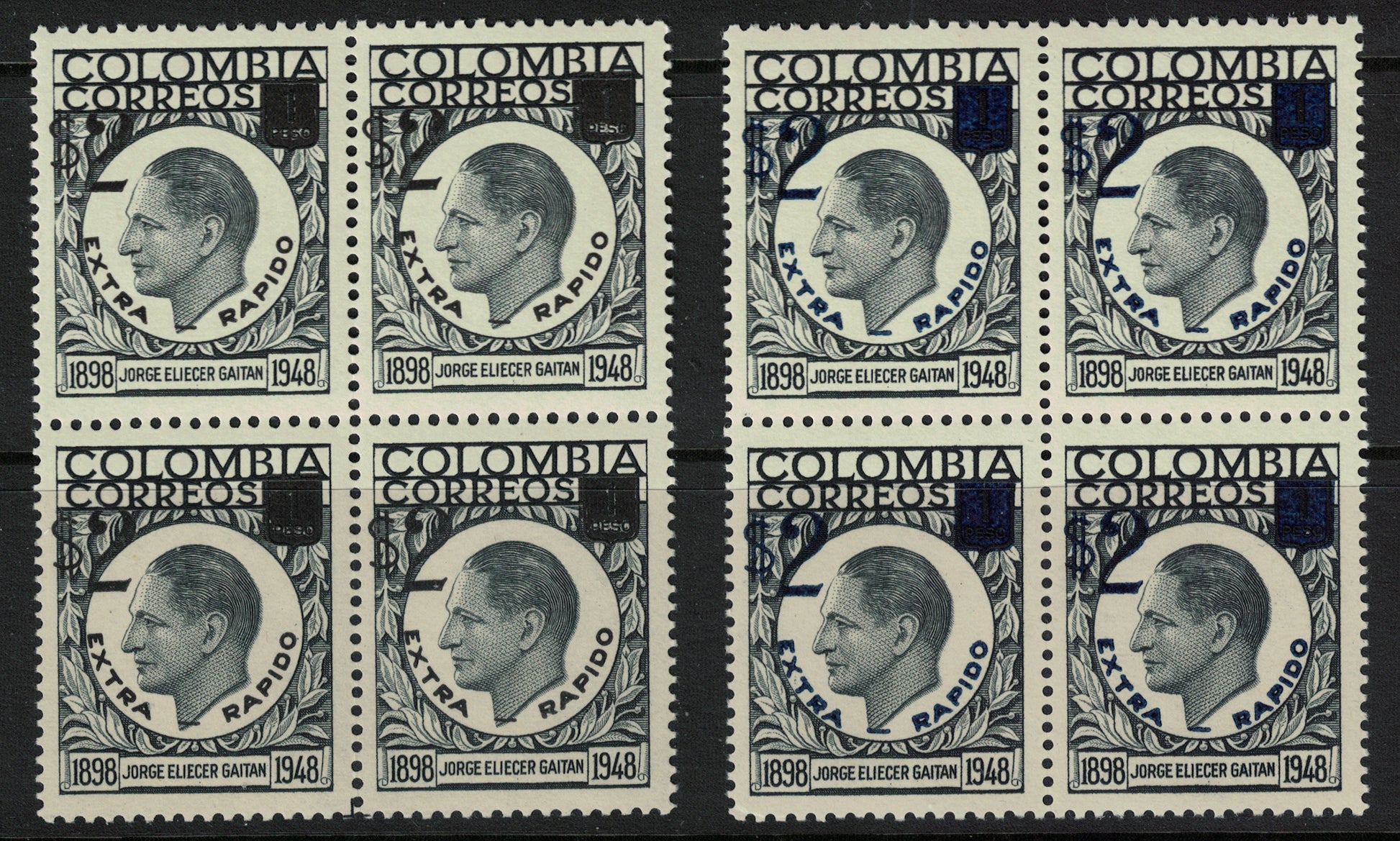 1959 Colombia SC#C319 &amp; C320 Extra Rapido Gaitan Surcharge $2 on 1p Black Blocks of 4 U/M