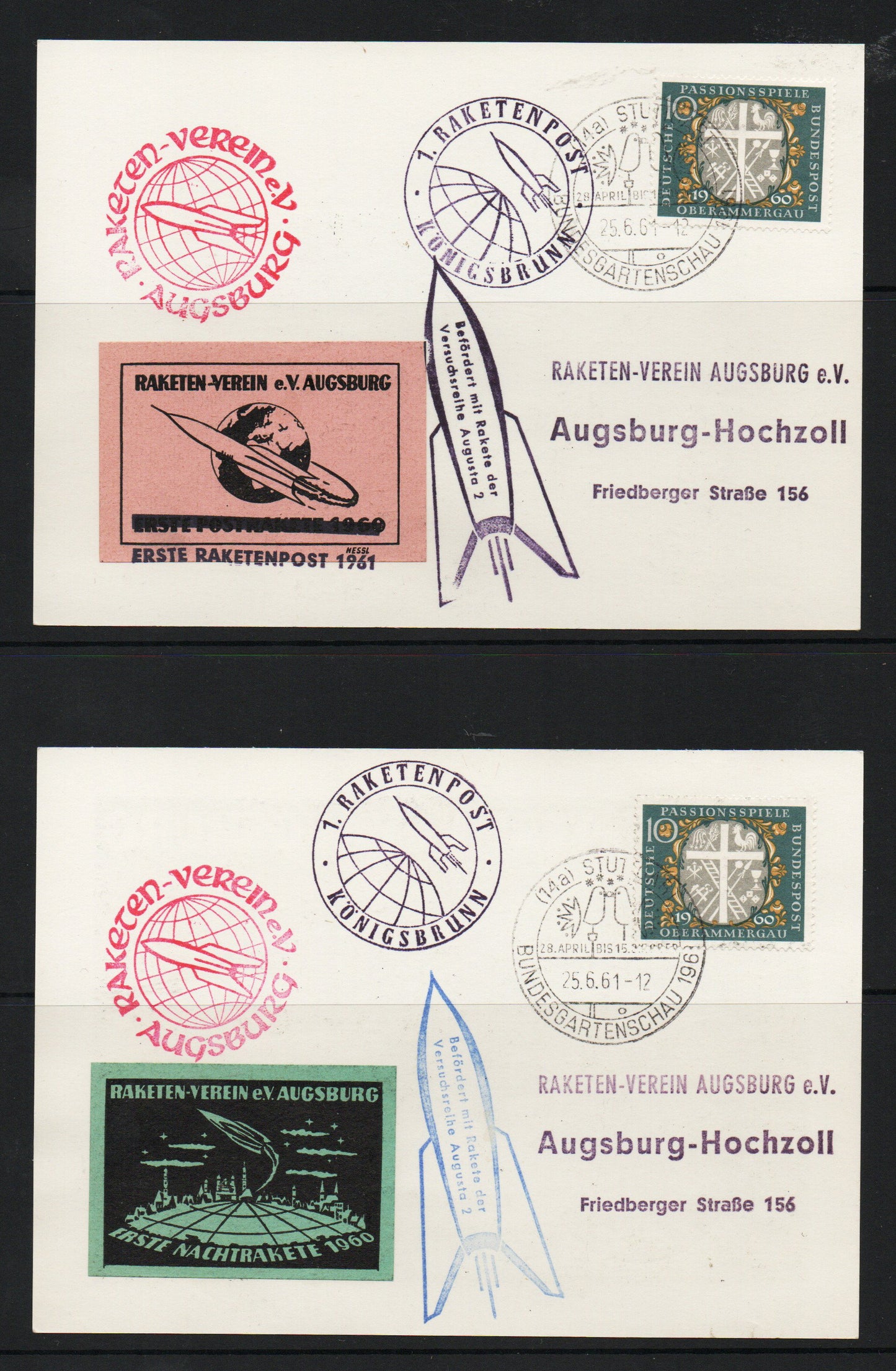 1961 Germany Oberammergau 4 x different Rocket Mail souvenir Cards (TT073)