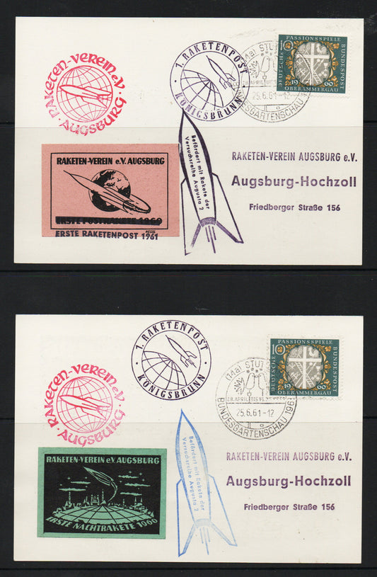 1961 Germany Oberammergau 4 x different Rocket Mail souvenir Cards (TT073)