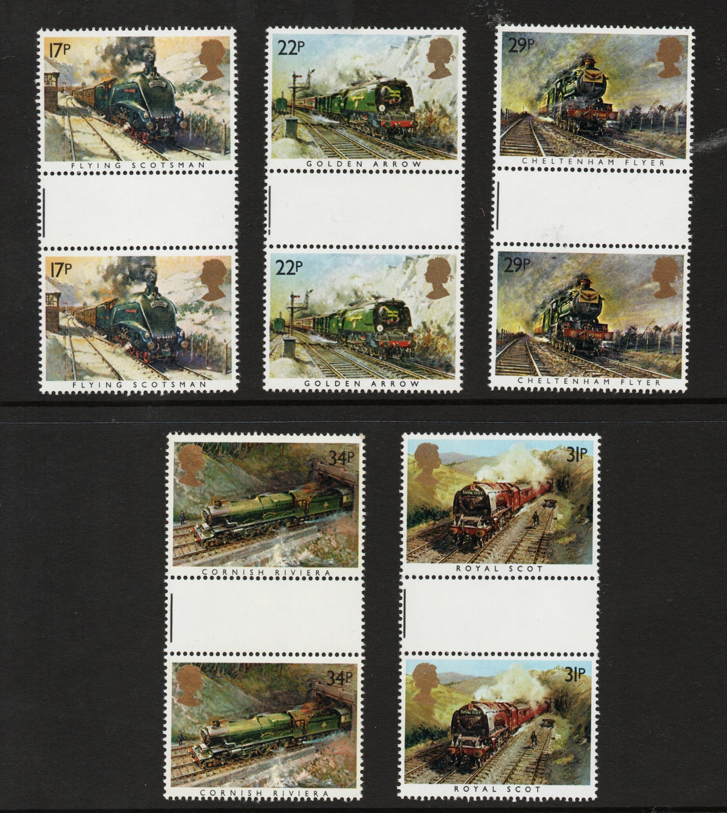 GB QEII 1985 SG1272-1276 Famous Trains in Gutter Pairs U/M (TT102)