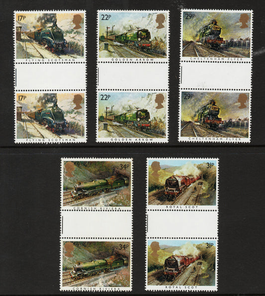 GB QEII 1985 SG1272-1276 Famous Trains in Gutter Pairs U/M (TT102)