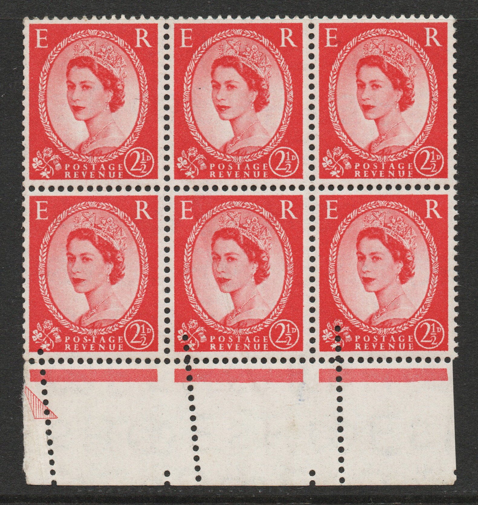 GB QEII 1955 SG544 2½d Carmine Block of 6 with Perforation encroachment error Unmounted Mint&nbsp;
