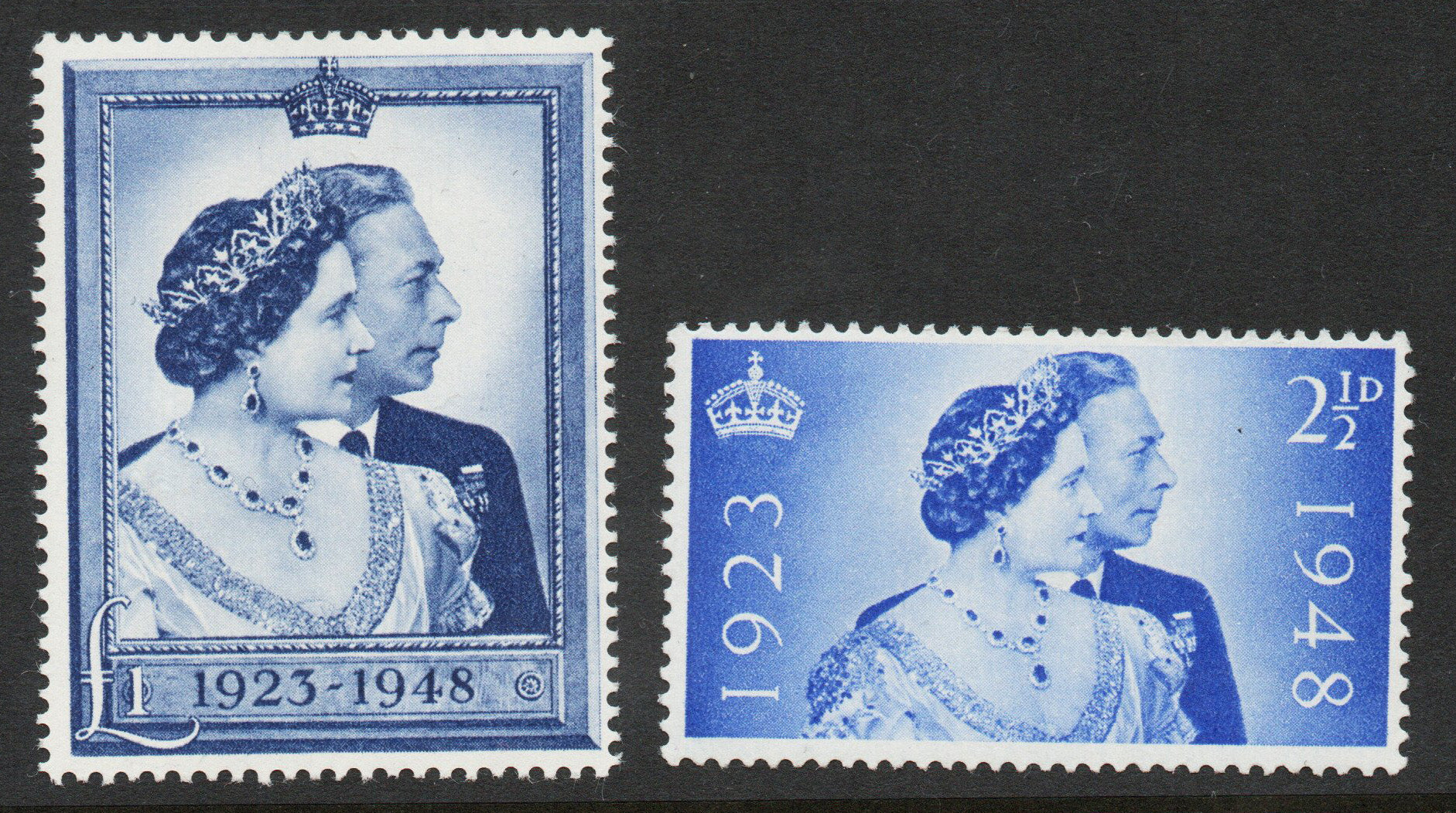 GB KGVI 1948 SG493/4 Royal Silver Wedding Set £1 & 2½d. Both Lightly Mounted Mint