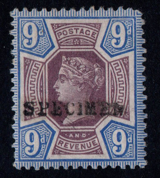 1887 Jubilee Issue SG209 9d Purple &amp; Blue Overprinted SPECIMEN. Looks U/M MNH. Short Perf Top Right
