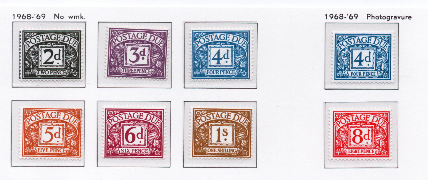 GB QEII 1968-69 Postage Due set of 6 stamps - no watermark SGD69-D74 Inc D75-76 Photogravure
