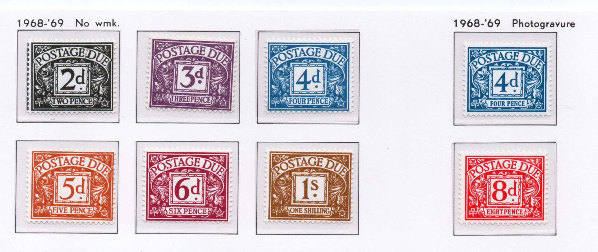 GB QEII 1968-69 Postage Due set of 6 stamps - no watermark SGD69-D74 Inc D75-76 Photogravure