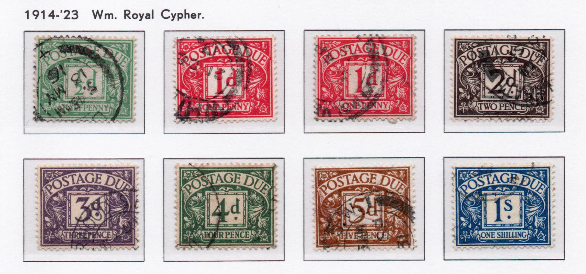 GB 1914-23 Postage Due basic set of 8 stamps SG D1 - D8 Wmk Royal Cypher Good Used 