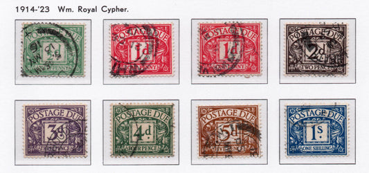 GB 1914-23 Postage Due basic set of 8 stamps SG D1 - D8 Wmk Royal Cypher Good Used 