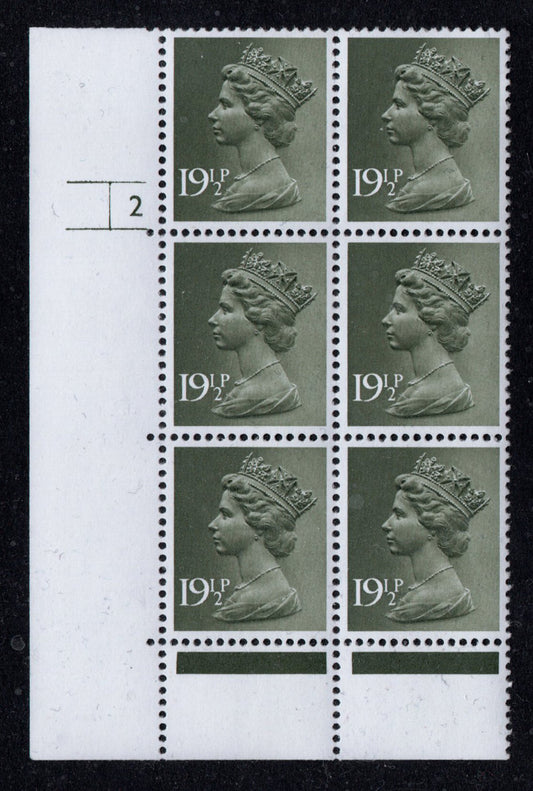 GB &nbsp;QEII 1982 SG X957 19½p Olive-grey. Cylinder 2 No Dot block of 6 U/M MNH