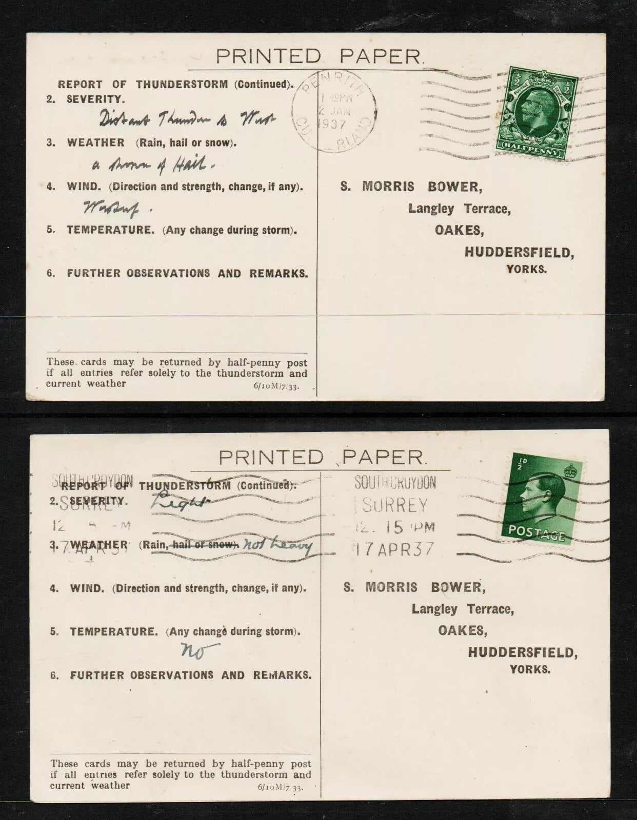 GB Weather reports sent by Postcard to "Thunderstorm Census Organisation" (TT032)