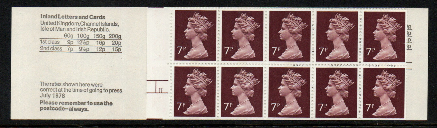 GB QEII 1978 70p Booklet FD4A Cyl Left Selvedge Trimmed Perfs Unmounted Mint (TT368)