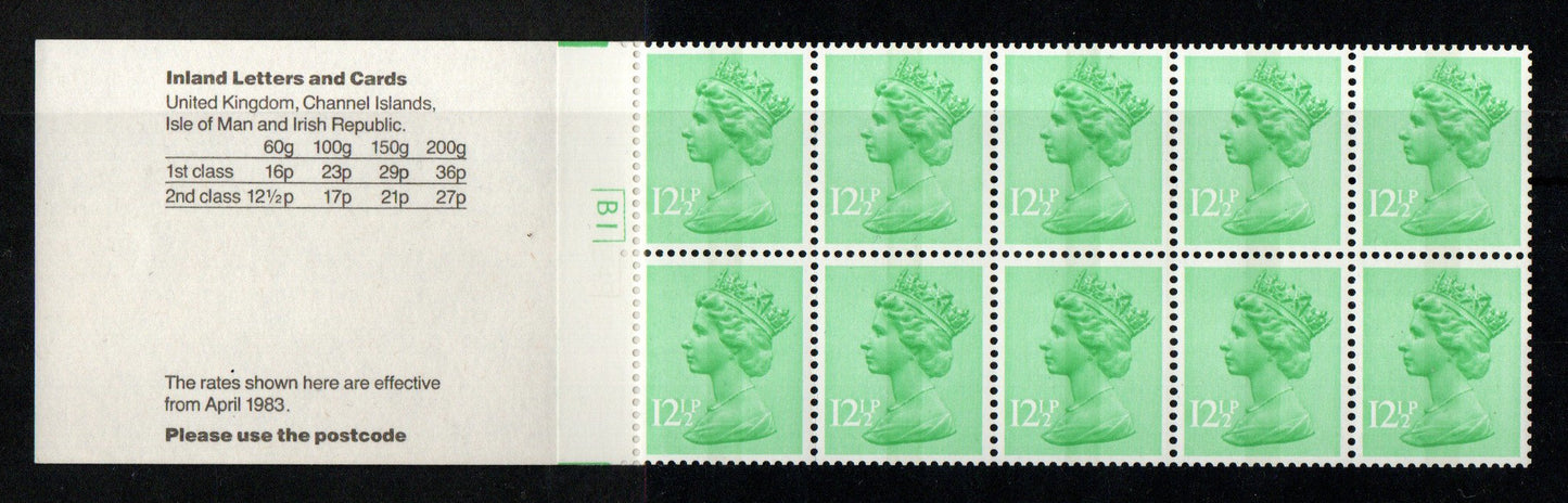 GB QEII 1983 £1.25p Booklet FK6Aa CYL Left Selvedge Corrected Rate Good Perfs (TT370)